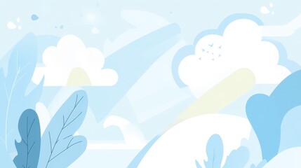 Serene Pastel Blue Landscape Artwork with Gentle Clouds and Leaves