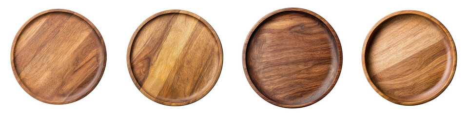 A set of four circular wooden coasters with distinct natural wood grain patterns and textures suitable for use as stylish table surface protectors