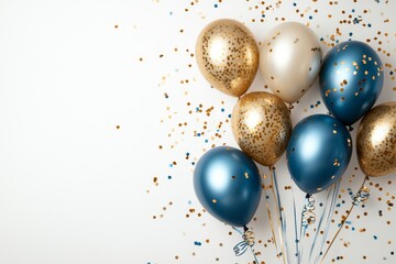 a festive arrangement of balloons, confetti, creating a celebratory atmosphere. The balloons are in shades of gold and blue
