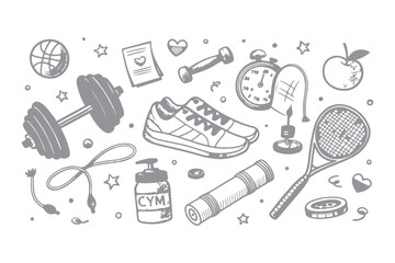 Hand Drawn Sketch Icon Set of Gym and Fitness Equipment. Doodle Illustrations of Tennis Balls, Bottles, Dumbbells, and Other Fitness Gear. Vector Art
