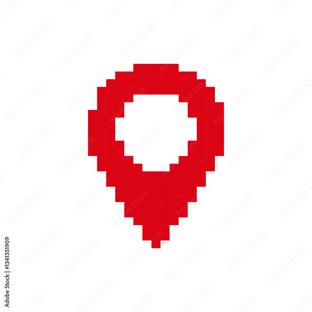 Poster red pixelated map pin icon representing digital location marking and navigation in apps.
