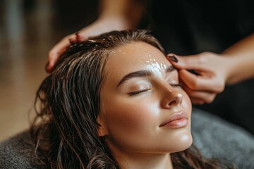 Fototapeta premium a woman receives a facial treatment, eyes closed and enjoying the sensation. A hand gently applies a product to her face