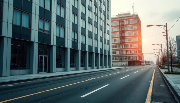Empty office building, deserted street, falling stock market graph, economic slump., contractionary