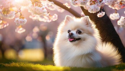 桜と白いポメラニアン