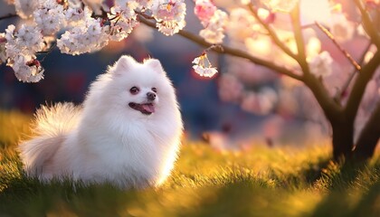 桜と白いポメラニアン