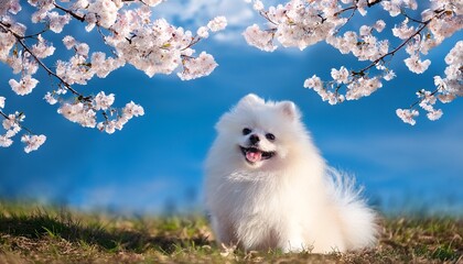 桜と白いポメラニアン