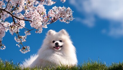 桜と白いポメラニアン
