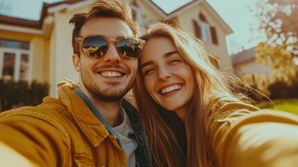Young Couple Capturing Joyful Selfie in Front of Their Newly Purchased Home