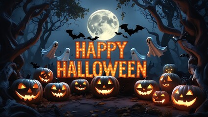 Happy Halloween typography illustration with pumpkin, bat, horror elements. Happy Halloween typography poster, banner, template. Halloween 3d elements.
