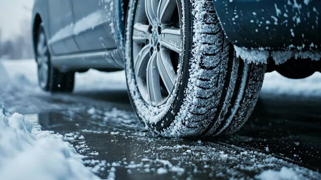 Winter driving conditions with a car navigating through snow-covered roads and icy surfaces in a chilly environment