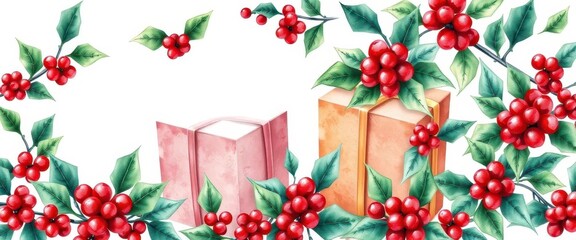 Festive watercolor holly & gift illustration Perfect for Christmas cards, wrapping paper, or seasonal designs, festive, background