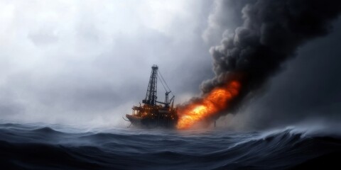 Fototapeta premium An offshore oil rig battles fierce winds and unstable conditions in a dramatic maritime scene.