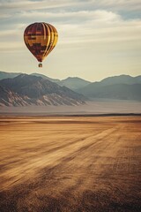 Obraz premium Hot air balloon soaring over a vast desert landscape with mountains in the background.