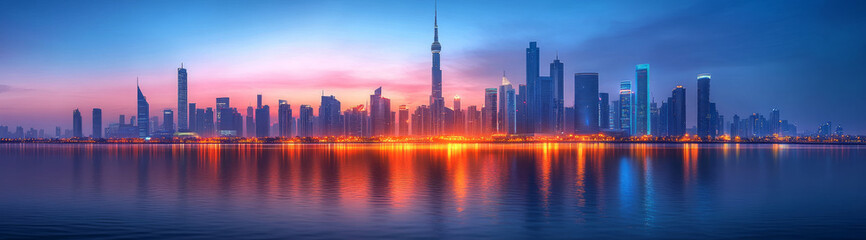 Obraz premium City skyline at dusk glows with an ethereal beauty, inspiring sense of wonder