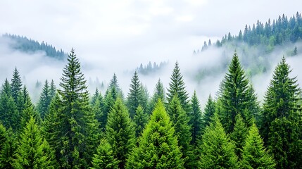Fototapeta premium Misty Mountain Forest Lush Evergreen Coniferous Trees in Fog
