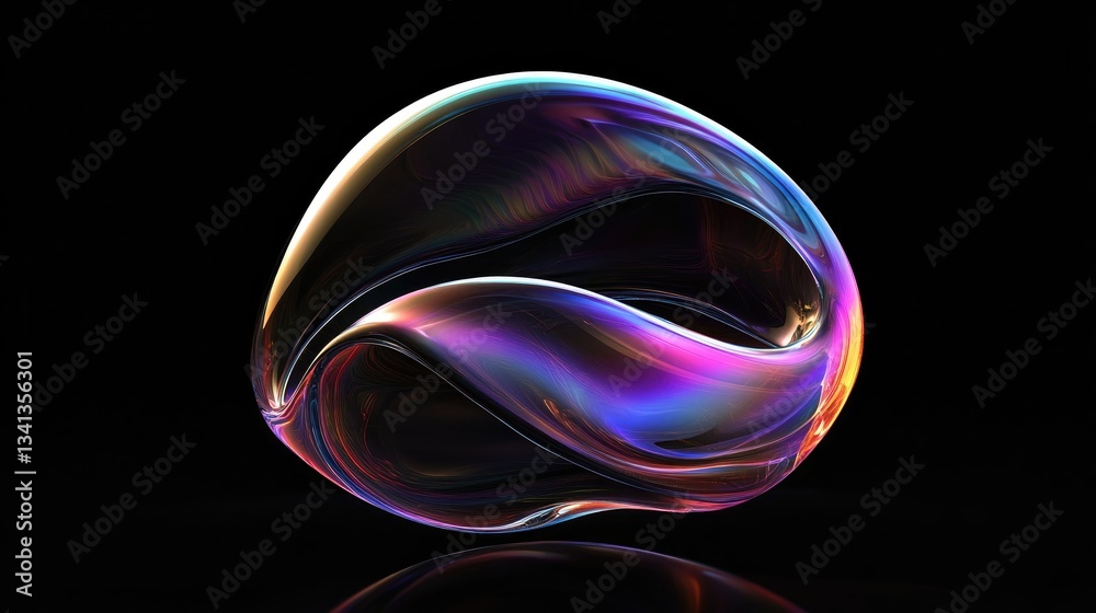 Poster floating iridescent 3d blob with smooth gradient reflections, hovering over a deep black background 