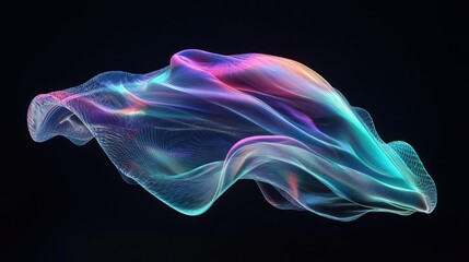 Fototapeta premium Futuristic 3D-rendered iridescent fluid shape, glowing with shifting colors against a dark black background.