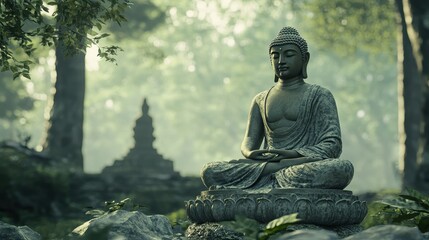 Obraz premium Serene Buddha Statue Surrounded by Lush Greenery and Misty Atmosphere