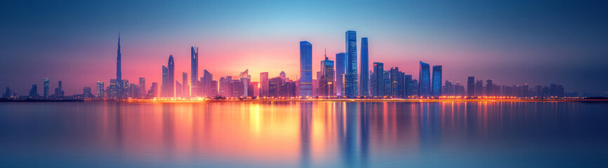 Fototapeta premium Futuristic city skyline glows at dusk, creating sense of wonder and calm