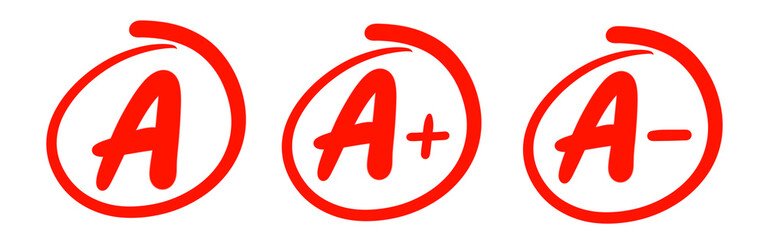 A plus examination result grade letter mark, set of red hand drawn grade marks, grading system