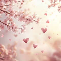 Romantic cherry blossoms with heart-shaped petals in soft light
