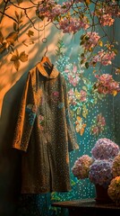 Fashionable coat displayed against a colorful floral backdrop.