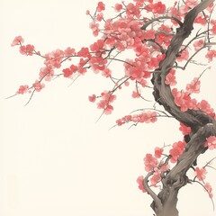 Traditional ink painting of red plum blossoms on a twisted tree