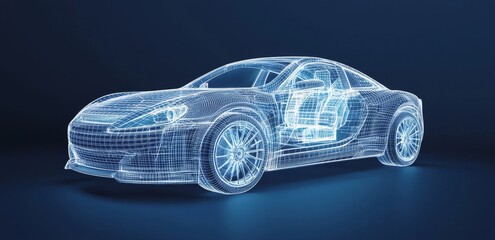 Naklejka premium Modern car wireframe with cutting-edge user interface elements showcased in a 3D illustration against a dark backdrop