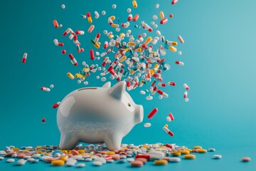 A piggy bank contains levitating pink pills, representing the notion of cutting costs on drugs or significant financial outlays, all on a blue background with space for additional content