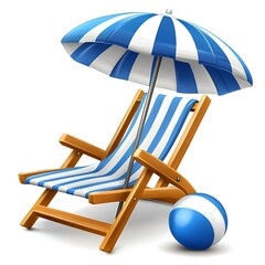 Beach chair, umbrella, ball, leisure. Summer vacation. Background