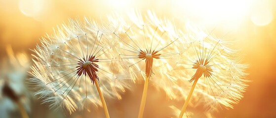 Obraz premium Delicate dandelion seed head glowing in soft sunlight, its intricate fluff illuminated against a serene background, capturing the whispered potential of renewal