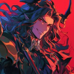 Naklejka premium Smiling demon warrior with a sword against a red backdrop, embodying darkness and power. Ideal for fantasy games, book covers, and digital art.