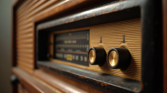 Close-up shot of a retro tabletop radio with large frequency dials and analog display, emphasizing the metallic knobs and textured speaker covering