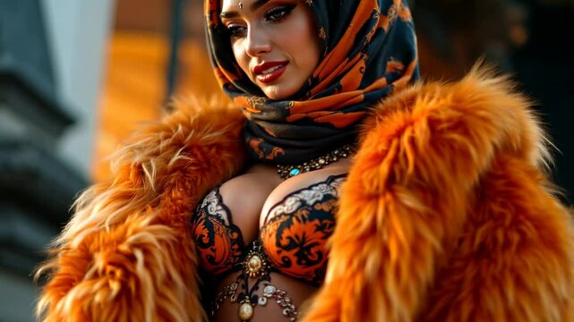 A smiling, attractive young woman wearing a hijab, necklace, and ornate clothing, including an orange fur coat and an intricately patterned top, looks at the camera. Fashion and Faith. 4k 60 fps.