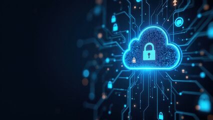 Cloud security with a lock symbol against a circuit board backdrop representing Kubernetes cybersecurity and DevOps.