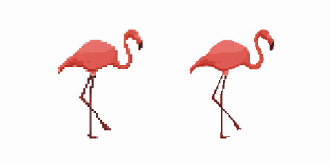 Two flamingos in pixel art style depicted walking. minimal details create a charming effect. © Богдан Скрипник