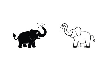 Two Cartoon Elephants, Black and White, Spraying Water, Cute Designs