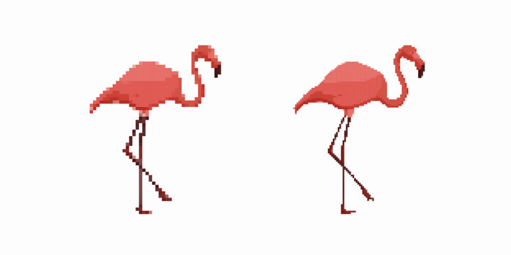 Two flamingos in pixel art style depicted walking. minimal details create a charming effect.