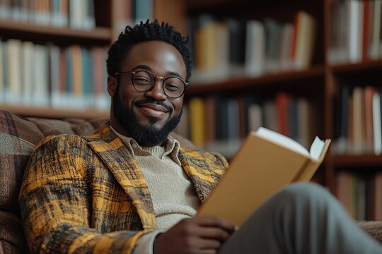 a man sitting in a library and enjoying reading a book