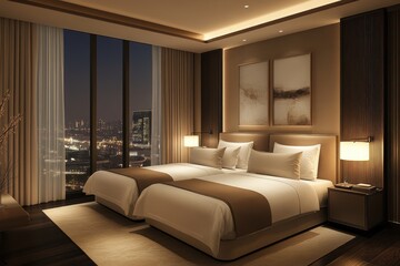 Obraz premium A luxurious bedroom interior featuring twin beds overlooking a city