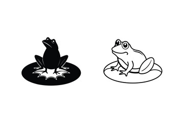 Two Frog Illustrations Silhouette and Line Art on Lily Pads