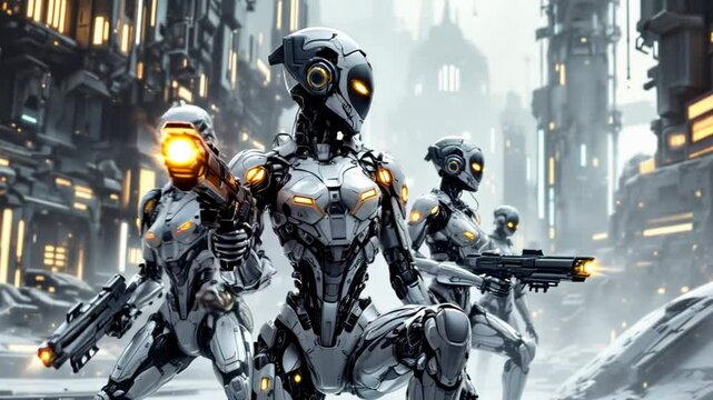 Cyberpunk-style robot soldiers with glowing eyes and rifles stand in a futuristic, snowy cityscape. Perhaps security or enforcers in a dystopian future. Visually striking, 4k 60 fps.