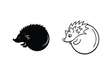 Hedgehog Silhouettes Simple Line Art, Black and White Icons