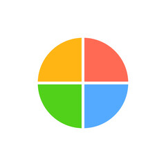 A simple pie chart showing four equal segments with colors yellow, orange, blue, and green.
