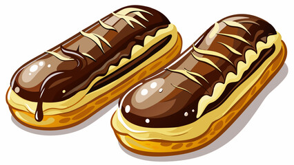 Photorealistic chocolate éclairs with glossy dark chocolate and white drizzle on a white table surface, featuring creamy custard filling and soft