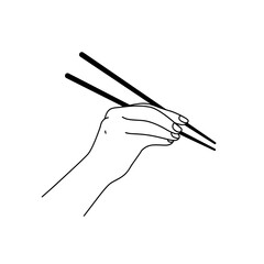 Asian dining illustration: Artistic line drawing of a hand skillfully holding chopsticks, ready to enjoy a delicious meal, emphasizing the elegance and precision of the gesture.