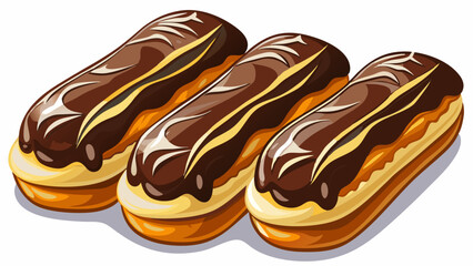 Photorealistic chocolate éclairs with glossy dark chocolate and white drizzle on a white table surface, featuring creamy custard filling and soft