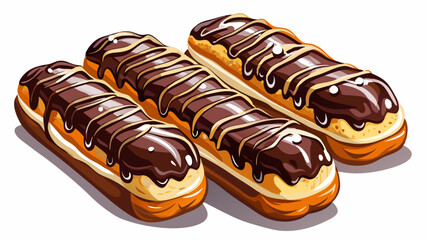 Photorealistic chocolate éclairs with glossy dark chocolate and white drizzle on a white table surface, featuring creamy custard filling and soft