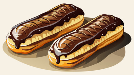 Photorealistic chocolate éclairs with glossy dark chocolate and white drizzle on a white table surface, featuring creamy custard filling and soft