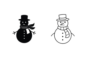 Two Simple Snowman Illustrations Black, Outline, Winter, Festive, Holiday